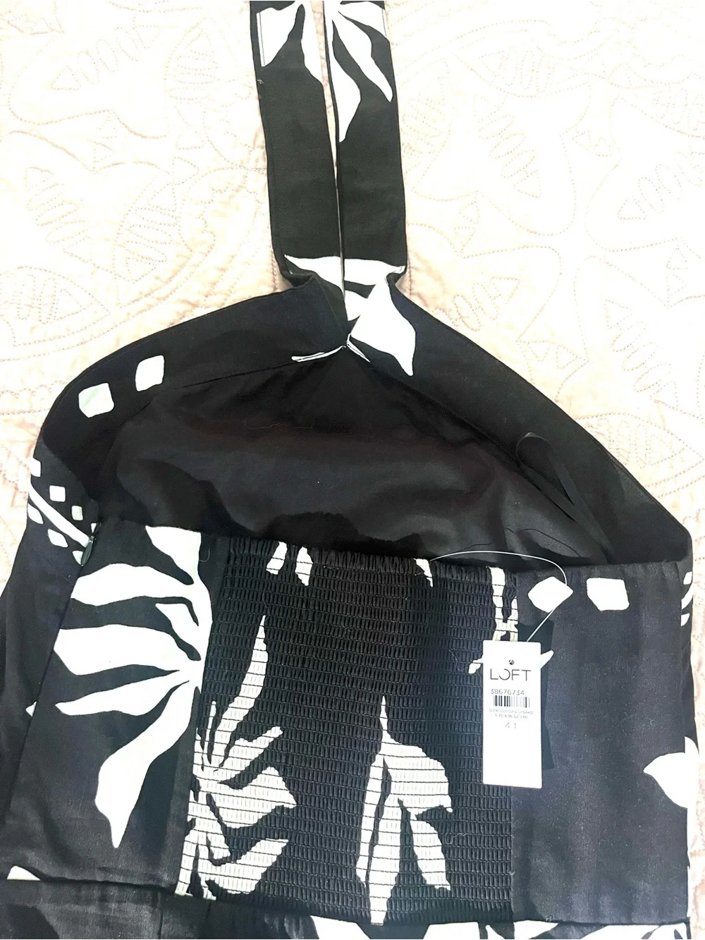 Loft Black and White Fern Print Linen Blend Halter Dress